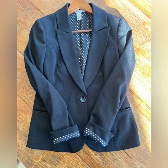 WHBM Black Blazer with Polka Dot Liner Machine Washable One Button Closure 2 - Picture 10 of 16